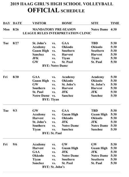 2019 Girls Volleyball Game Schedule